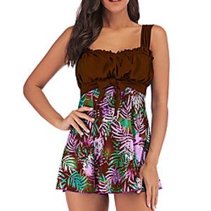 Women's Swimwear Tankini 2 Piece Swimsuit Open Back Print Tropical Leaf Blue Purple Green Brown Swimwear Tunic Strap Bathing Suits New Vacation Fashion / Modern miniinthebox