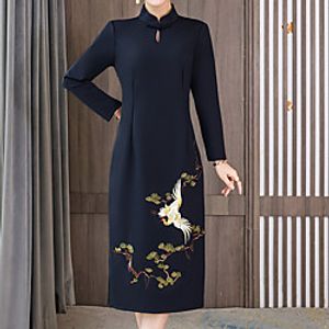 Women's Cheongsam Dress Midi Dress Black Long Sleeve Floral Animal Embroidered Fall Mandarin Collar Elegant Casual Traditional 2021 L XL XXL 3XL 4XL Lightinthebox