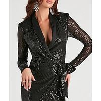 Women's Black Dress Sequin Dress Party Dress Mini Dress Black Long Sleeve Plain Sparkly Summer Spring Deep V Party Birthday S M L XL XXL Lightinthebox - thumbnail