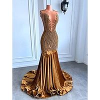 Mermaid  Trumpet Evening Gown Sparkle  Shine Dress Formal Court Train Sleeveless Jewel Neck African American Velvet with Beading 2023 Lightinthebox