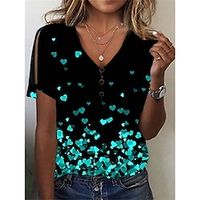 Women's T shirt Tee Black Blue Green Floral Button Cut Out Short Sleeve Holiday Weekend Basic V Neck Regular Floral Painting S miniinthebox - thumbnail