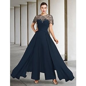 Jumpsuit  Pantsuit Mother of the Bride Dress Formal Wedding Guest Elegant Jewel Neck Floor Length Chiffon Short Sleeve with Crystals 2023 Lightinthebox
