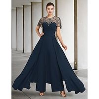 Jumpsuit  Pantsuit Mother of the Bride Dress Formal Wedding Guest Elegant Jewel Neck Floor Length Chiffon Short Sleeve with Crystals 2023 Lightinthebox - thumbnail