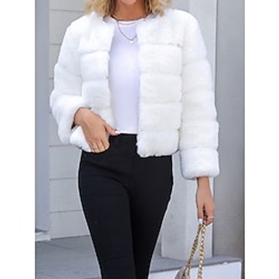 Women's Faux Fur Coat Mink Fur Coat Fleece Jacket Winter Coat Cropped Coat Fall Windproof Warm Open Front Cardigan Crewneck Fashion Plush Lady Outerwear Long Sleeve Fall Winter White Pink Purple Lightinthebox
