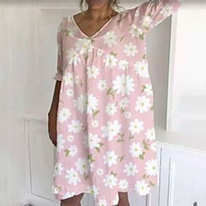 Women's T Shirt Dress Tee Dress Short Mini Dress Blue Yellow Blushing Pink Green Short Sleeve Floral Print Summer V Neck Casual 2021 S M L XL XXL 3XL / Cotton miniinthebox