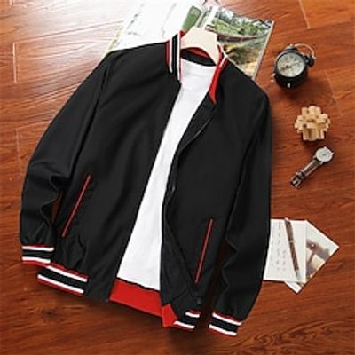 Men's Jacket Casual Jacket Varsity Jacket Outdoor Daily Wear Wearproof Pocket Spring Fall Plain Fashion Streetwear Stand Collar Regular Black Jacket Lightinthebox