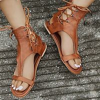 Women's Sandals Lace up Flat Heel Round Toe PU Solid Colored Yellow Black miniinthebox - thumbnail