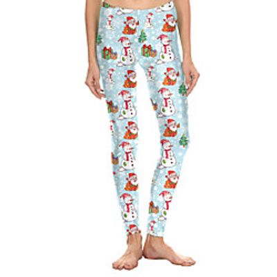 Women's Sporty Comfort Sports Christmas Yoga Leggings Pants Patterned Full Length Print Light Blue miniinthebox