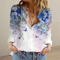 Women's Blouse Floral Animal Holiday Weekend Floral Blouse Shirt Long Sleeve Button Print Shirt Collar Streetwear Green White Blue S / 3D Print miniinthebox - thumbnail