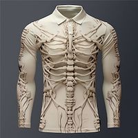 Skeleton Abstract Men's 3D Print Golf Polo Outdoor Casual Daily Streetwear Halloween Polyester Long Sleeve Turndown Polo Shirts Brown Khaki Apricot Fall  Winter S M L Micro-elastic Lapel Polo miniinthebox - thumbnail