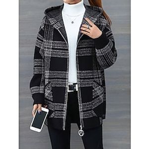 Women's Winter Jacket Hoodie Jacket Outdoor Street Daily Fall Winter Coat Regular Fit Windproof Warm Contemporary Casual Daily Casual Jacket Long Sleeve Stripes and Plaid with Pockets Full Zip Black Lightinthebox