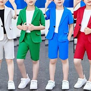 2 Pieces Kids Boys Suit  Blazer ShortsSet Clothing Set Outfit Solid Color Short Sleeve Cotton Set School Gentle Preppy Style Spring Summer 3-12 Years Green Blue Red miniinthebox