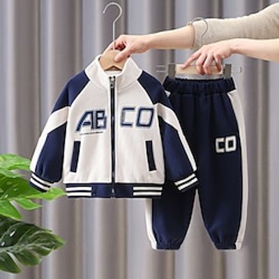 2 Pieces Kids Boys Tracksuits Outfit Letter Long Sleeve Zipper Set Sports Daily Spring Fall 3-7 Years Blue Khaki Lightinthebox