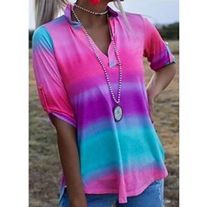 Women's Blouse Shirt Fuchsia Color Gradient Print 34 Length Sleeve Daily Weekend Streetwear Casual V Neck Regular S  3D Print Lightinthebox