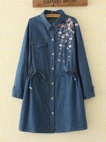 Casual Embroidery Lapel Elastic Waist Drawstring Denim Shirt