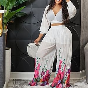 Women's Plus Size Tops Plus Size Set Floral Ruched Print Long Sleeve V Neck Streetwear Daily Going out Polyester Spring Summer White Yellow miniinthebox