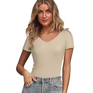 Women's T shirt Tee LOVE Daily T shirt Tee Short Sleeve Cut Out V Neck Basic Essential Slim Black Beige S Lightinthebox