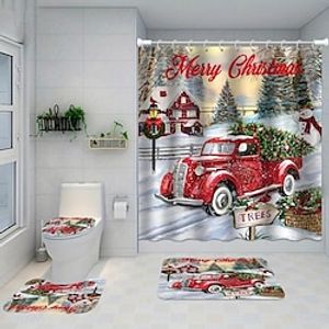 Christmas Car Snowman Pattern Shower Curtain, Shower Curtain With 12 Hooks, Bathroom Rug, Toilet U-Shape Mat, Toilet Lid Cover Pad, Bathroom Decor, Christmas Decorations miniinthebox