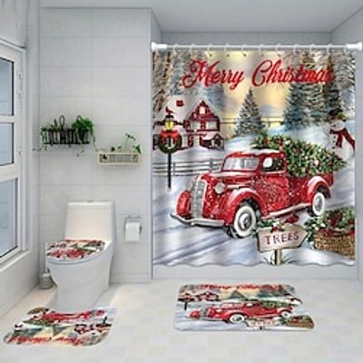 Christmas Car Snowman Pattern Shower Curtain, Shower Curtain With 12 Hooks, Bathroom Rug, Toilet U-Shape Mat, Toilet Lid Cover Pad, Bathroom Decor, Christmas Decorations miniinthebox