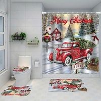 Christmas Car Snowman Pattern Shower Curtain, Shower Curtain With 12 Hooks, Bathroom Rug, Toilet U-Shape Mat, Toilet Lid Cover Pad, Bathroom Decor, Christmas Decorations miniinthebox - thumbnail