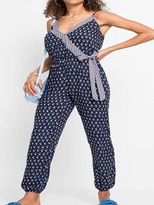 Fashion digital printing deep V-neck bow jumpsuit