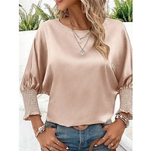 Women's Shirt Blouse Satin Plain Khaki Long Sleeve Casual Fashion Modern Round Neck Regular Fit Spring Lightinthebox