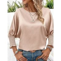 Women's Shirt Blouse Satin Plain Khaki Long Sleeve Casual Fashion Modern Round Neck Regular Fit Spring Lightinthebox - thumbnail
