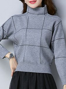 Heap Collar Elegant Plaid Long Sleeve Knit Pullover
