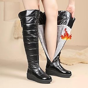 Women's Boots Snow Boots Plus Size Winter Boots Outdoor Daily Fleece Lined Over The Knee Boots Lace-up Hidden Heel Round Toe Casual Minimalism Faux Leather PU Zipper Solid Color Black Lightinthebox