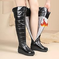 Women's Boots Snow Boots Plus Size Winter Boots Outdoor Daily Fleece Lined Over The Knee Boots Lace-up Hidden Heel Round Toe Casual Minimalism Faux Leather PU Zipper Solid Color Black Lightinthebox - thumbnail
