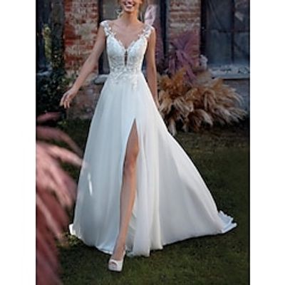 Beach Formal Wedding Dresses A-Line V Neck Sleeveless Court Train Lace Bridal Gowns With Pleats Split Front 2023 Lightinthebox
