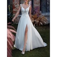 Beach Formal Wedding Dresses A-Line V Neck Sleeveless Court Train Lace Bridal Gowns With Pleats Split Front 2023 Lightinthebox - thumbnail