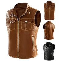 Men's Leather Vest Outdoor Daily Wear Vacation Going out Fashion Basic Fall  Winter Zipper Pocket Faux Leather Warm Plain Zipper Standing Collar Regular Fit Black Khaki Vest Lightinthebox - thumbnail