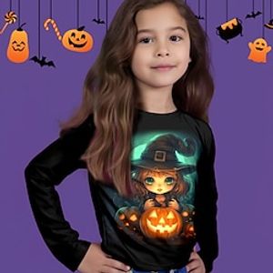 Halloween Girls' 3D Pumpkin witch T shirt Tee Long Sleeve Cartoon 3D Print Active Fashion Daily Polyester Halloween Casual Kids Crewneck 3-12 Years 3D Printed Graphic Regular Fit Lightinthebox