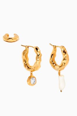 Feminine Waves Pearl Drop Earrings in 18kt Gold Plating, Set of 3