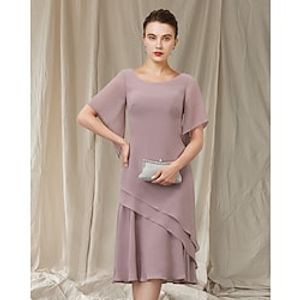 Sheath  Column Mother of the Bride Dress Elegant Jewel Neck Knee Length Chiffon Short Sleeve with Ruffles 2022 Lightinthebox