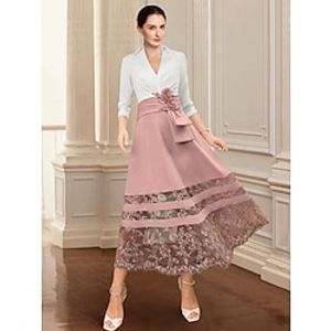 A-Line Mother of the Bride Dress Wedding Guest Elegant V Neck Ankle Length Stretch Chiffon 34 Length Sleeve with Lace Ruching Flower 2023 Lightinthebox