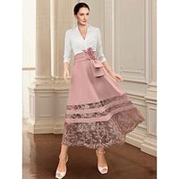 A-Line Mother of the Bride Dress Wedding Guest Elegant V Neck Ankle Length Stretch Chiffon 34 Length Sleeve with Lace Ruching Flower 2023 Lightinthebox - thumbnail