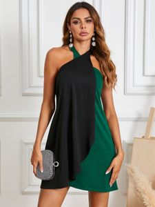 YOINS Black Halter Color Block Backless Sleeveless Mini Dress