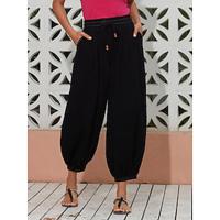 Women's Linen Black Loose Pleated Adjustable Drawstring Dhoti Pants with Pockets