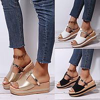 Women's Sandals Wedge Heel Peep Toe PU Sequin Solid Colored White Black Gold Lightinthebox - thumbnail