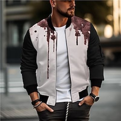 Graffiti Abstract Men's Bomber Jacket Coat Sports  Outdoor Daily Wear Going out Fall  Winter Standing Collar Long Sleeve Fuchsia Gray S M L Polyester Denim Weaving Jacket Lightinthebox