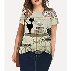 Women's Plus Size Tops T shirt Print Cat Graphic Animal Large Size Crewneck Short Sleeve Basic Big Size XL XXL 3XL 4XL 5XL Gray Lightinthebox