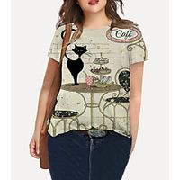 Women's Plus Size Tops T shirt Print Cat Graphic Animal Large Size Crewneck Short Sleeve Basic Big Size XL XXL 3XL 4XL 5XL Gray Lightinthebox - thumbnail