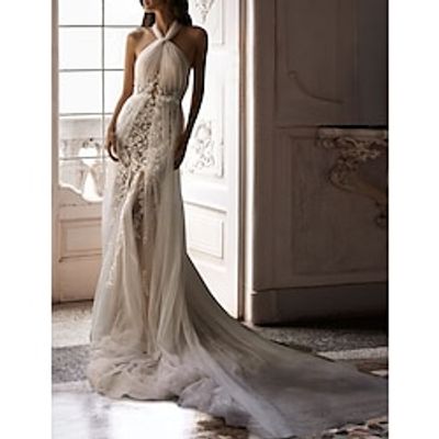 Little White Dresses Boho Wedding Dresses Sheath  Column Camisole Sleeveless Court Train Lace Bridal Gowns With Beading Embroidery 2024 Lightinthebox