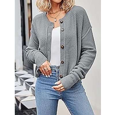 Women's Cardigan Crew Neck Cable Knit Acrylic Button Knitted Fall Winter Regular Outdoor Daily Going out Fashion Streetwear Casual Long Sleeve Solid Color Black Green Apricot S M L miniinthebox