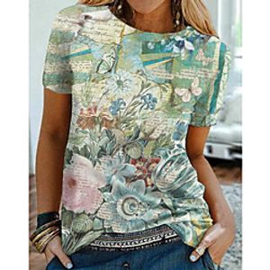 Women's Floral Theme Butterfly Painting T shirt Floral Butterfly Print Round Neck Basic Tops Light Green Lightinthebox