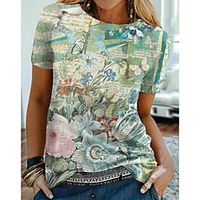 Women's Floral Theme Butterfly Painting T shirt Floral Butterfly Print Round Neck Basic Tops Light Green Lightinthebox - thumbnail