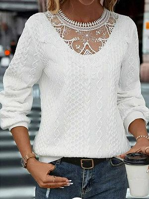 Women's Hollow See-through Lace Stitching Comfortable Casual Long-sleeved Top