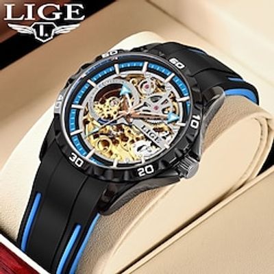 LIGE 43MM Skeletonized Design Automatic Mechanical Watch For Men Luxury Sport Big Dial Waterproof Rubber Strap reloj hombre miniinthebox LIGE 43MM Skeletonized Design Automatic Mechanical Watch For Men Luxury Sport Big Dial Waterproof Rubber Strap reloj hombre miniinthebox